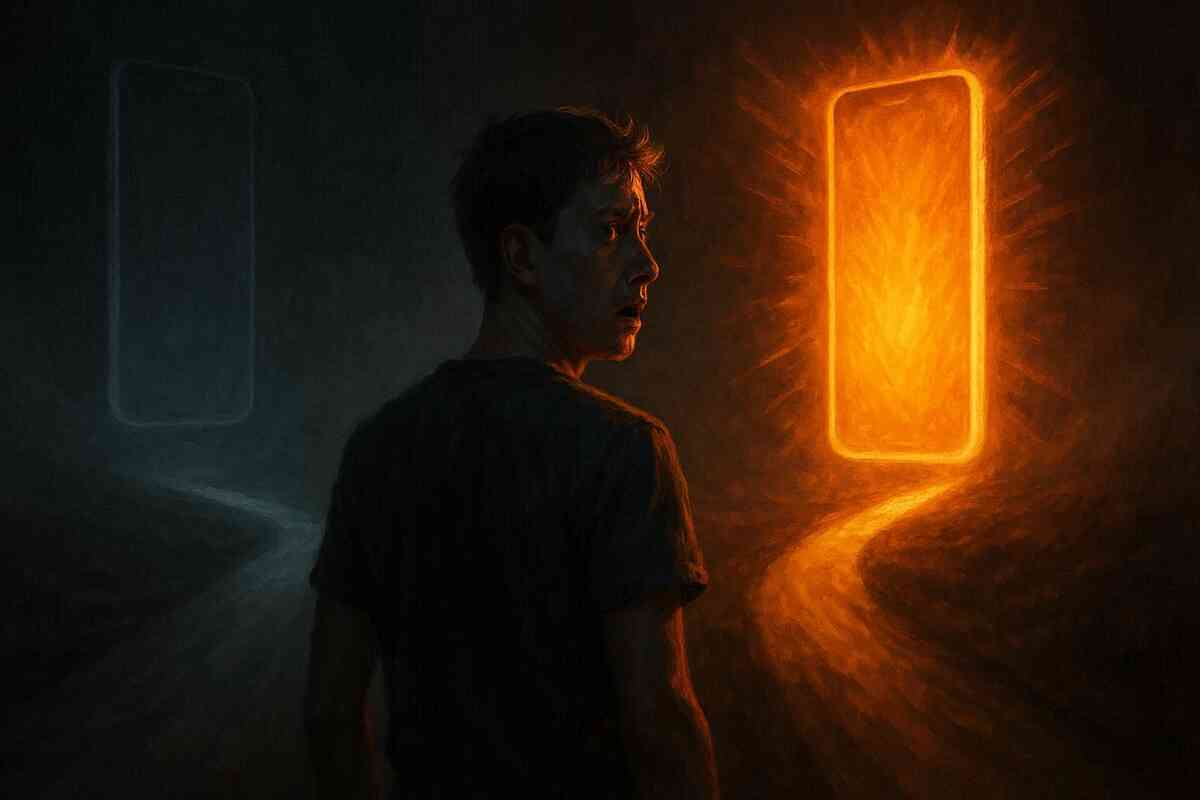 Fear-of-missing-out decision point—man frozen between glowing smartphone portals, tension of acting now or losing everything forever, irreversible choice in darkness