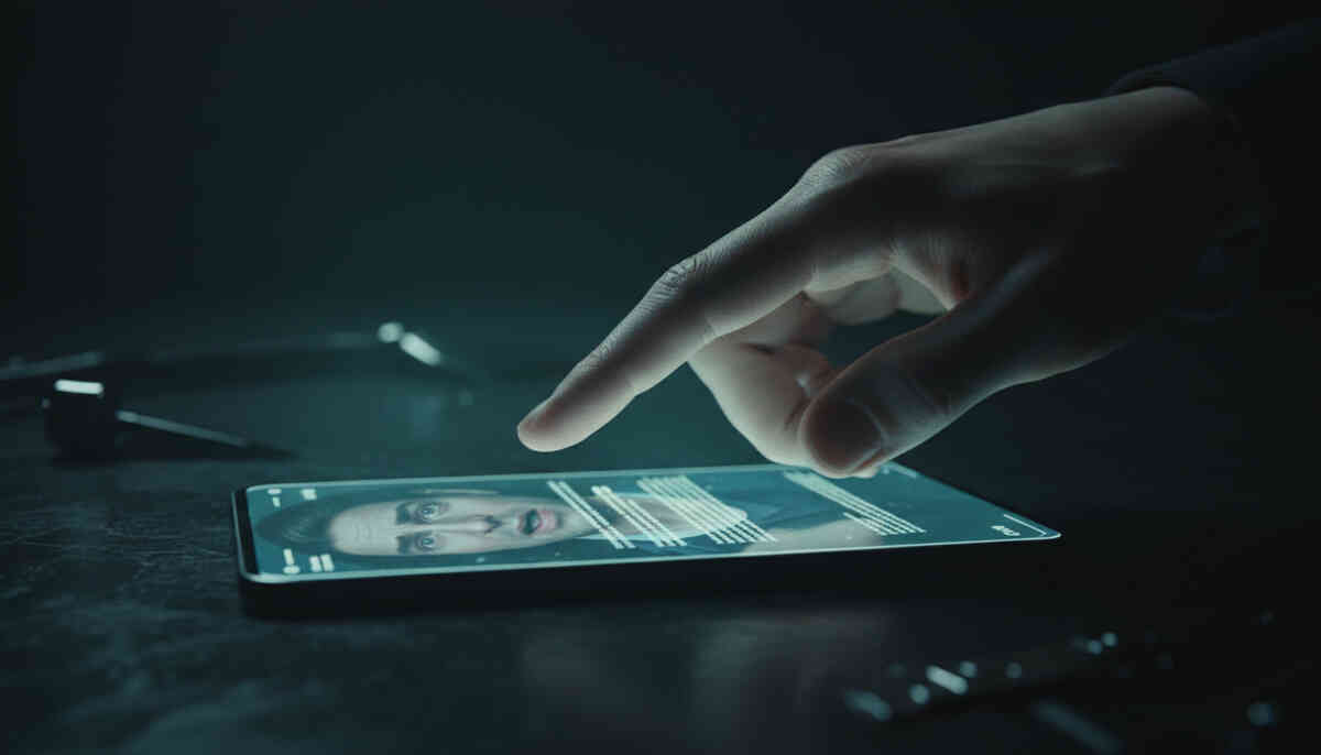 Dangerous hidden contract moment—hesitating finger about to trigger irreversible smartphone decision, anxiety, risk, and unseen consequences lurking beneath glowing screen