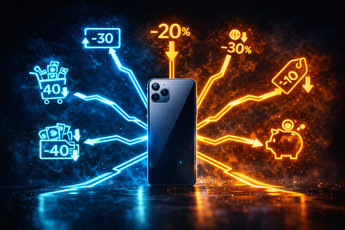Seven glowing deal pathways branching from a flagship smartphone—secret routes to massive savings, breakthrough discovery energy, life-changing buying decision moment