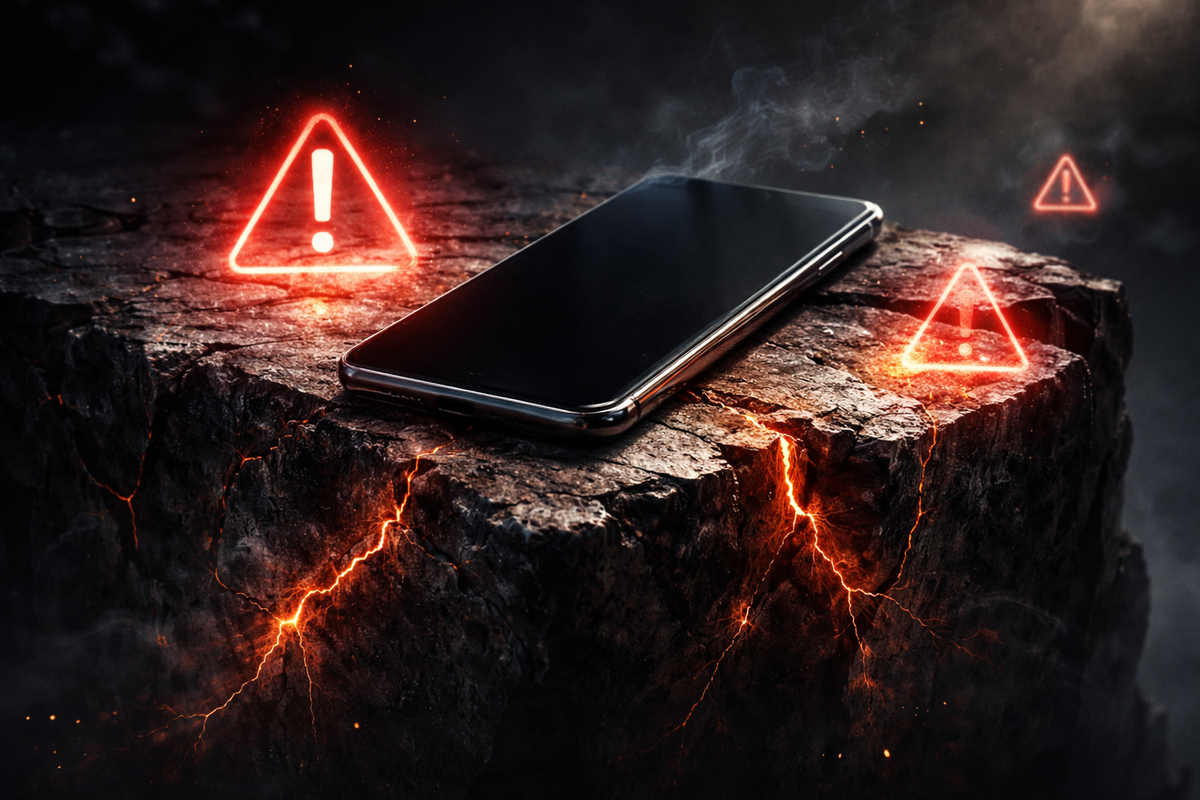 Flagship smartphone resting on cracked volcanic rock with warning symbols—hidden financial danger, emotional tension, terrifying realization of a costly mistake waiting to happen