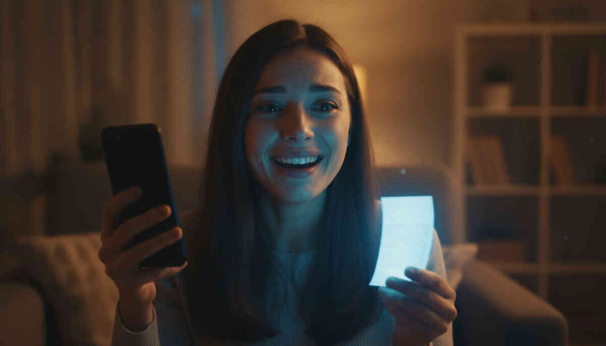 Shocked buyer holding glowing receipt and smartphone in disbelief—emotional breakthrough, victory over high prices, surreal moment of securing an unbelievably cheap deal