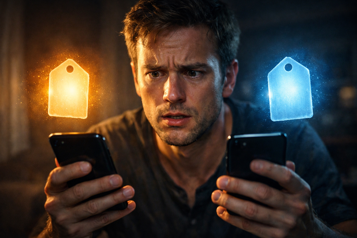 Man frozen in intense anxiety comparing two smartphones—glowing price tags reveal shocking value gap, emotional struggle to choose the smarter buy