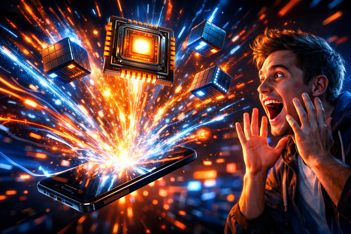 Explosive processor and memory power bursting from smartphone—jaw-dropping speed, unstoppable performance, emotional shock at next-level mobile capability