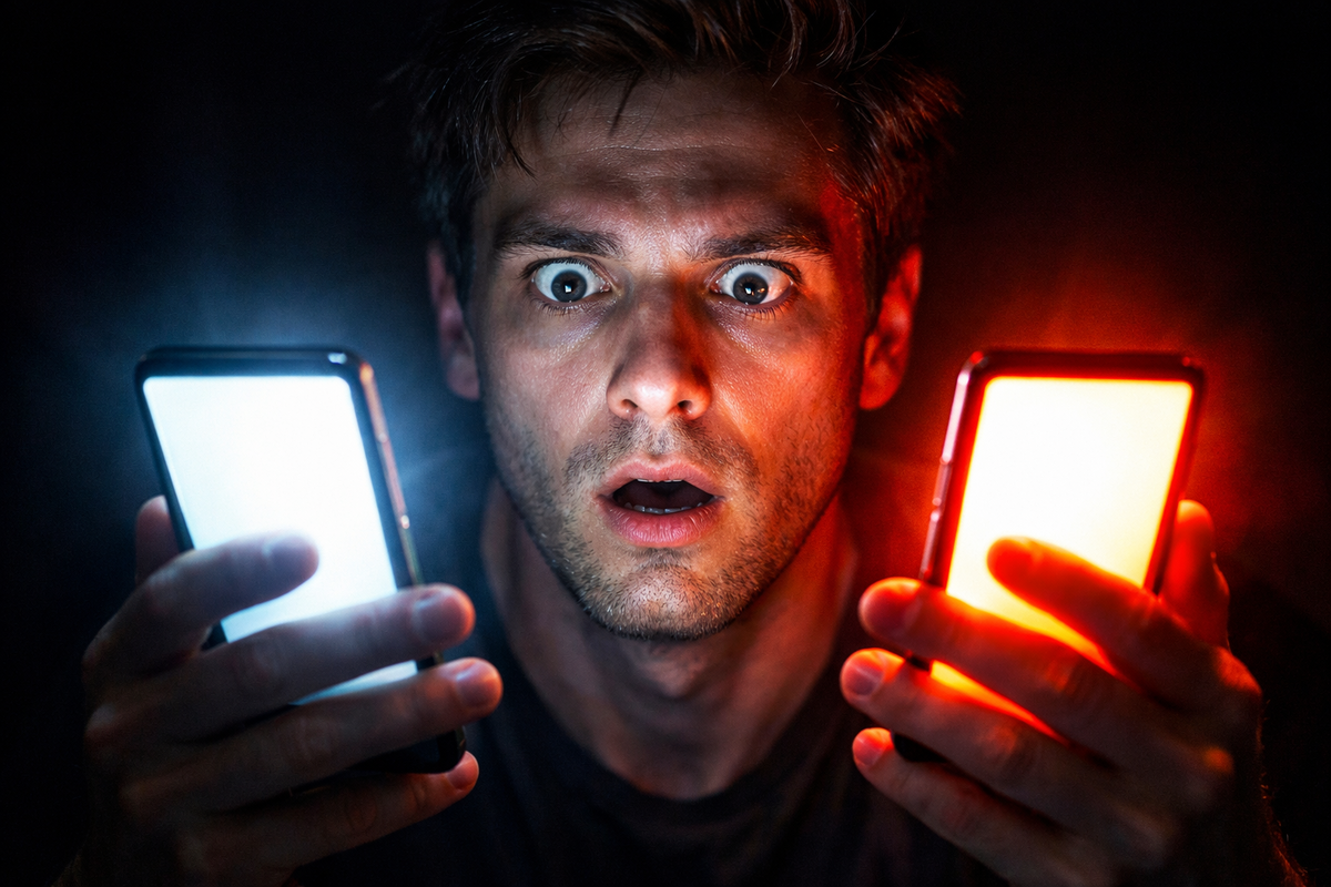 Wide-eyed shock illuminated by two glowing smartphones—dramatic brightness and color contrast revealing a life-changing display experience