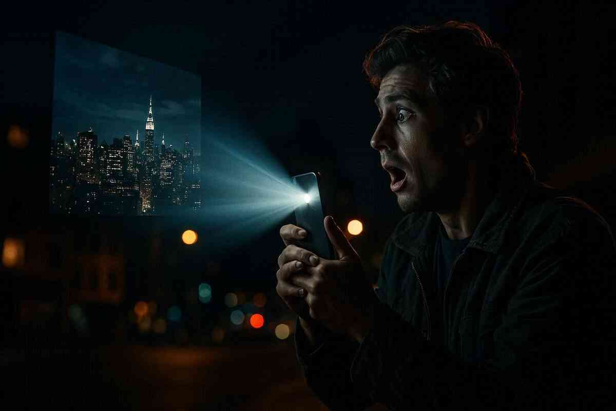 Stunned emotional reaction to smartphone screen lighting up entire night skyline—breathtaking brightness, cinematic clarity, impossible visual power