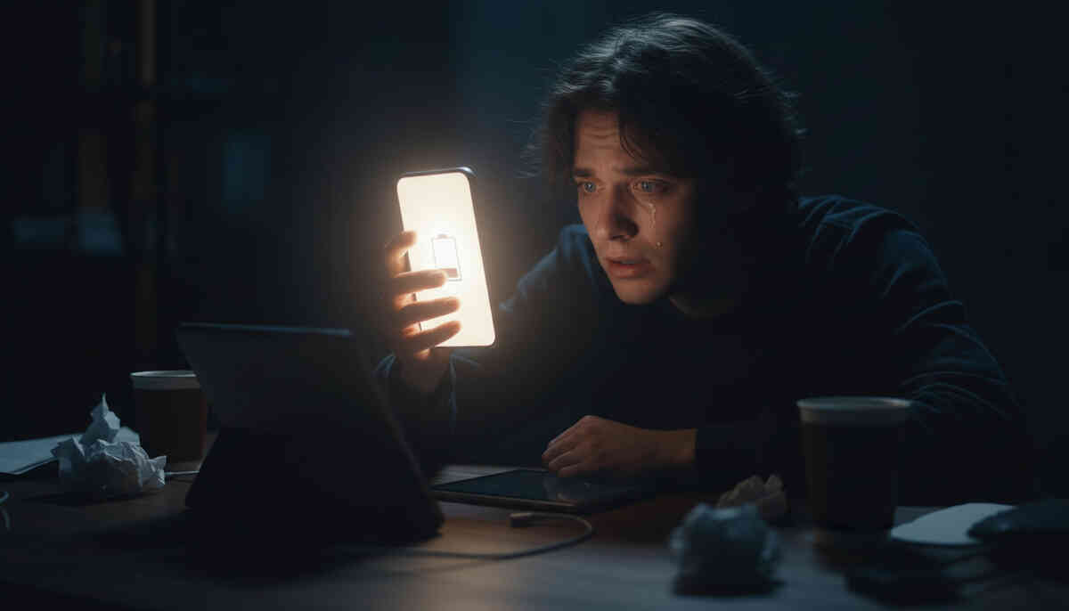 Emotional relief and despair captured in glowing battery moment—smartphone surviving late night while exhaustion and hope collide in silence