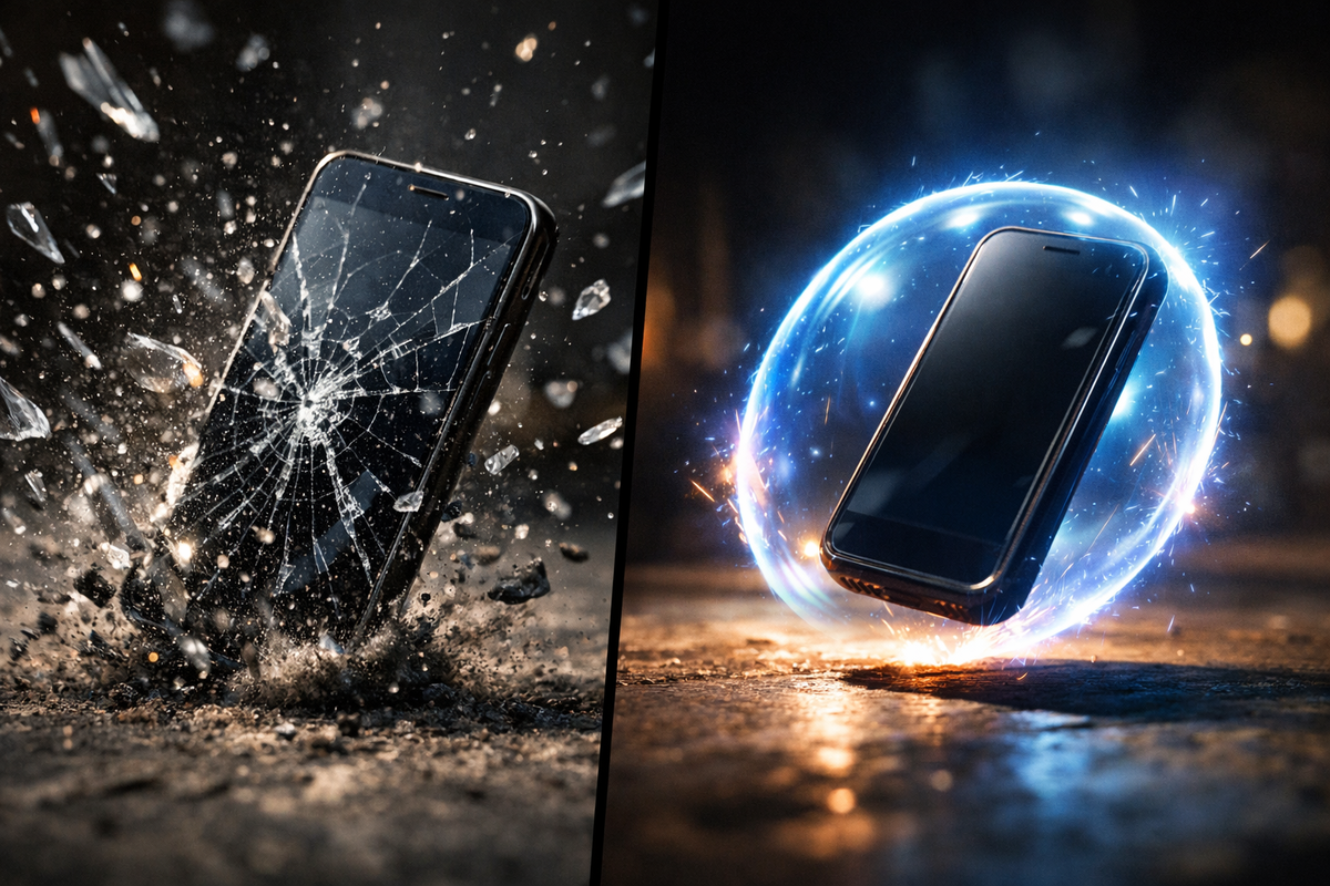 Heart-stopping split second—left phone shatters violently on impact while right device floats inside a glowing force field—fear versus relief, brutal reality of screen vulnerability, emotional protection awakening