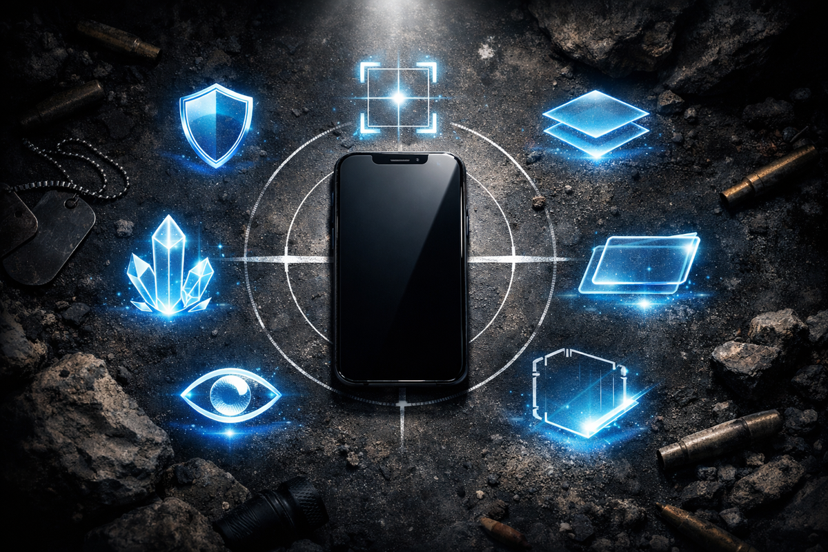 Mission-critical smartphone surrounded by glowing shield, crystal hardness, precision alignment, and clarity icons—high-stakes decision energy, elite protection strategy revealed, confident control and mastery