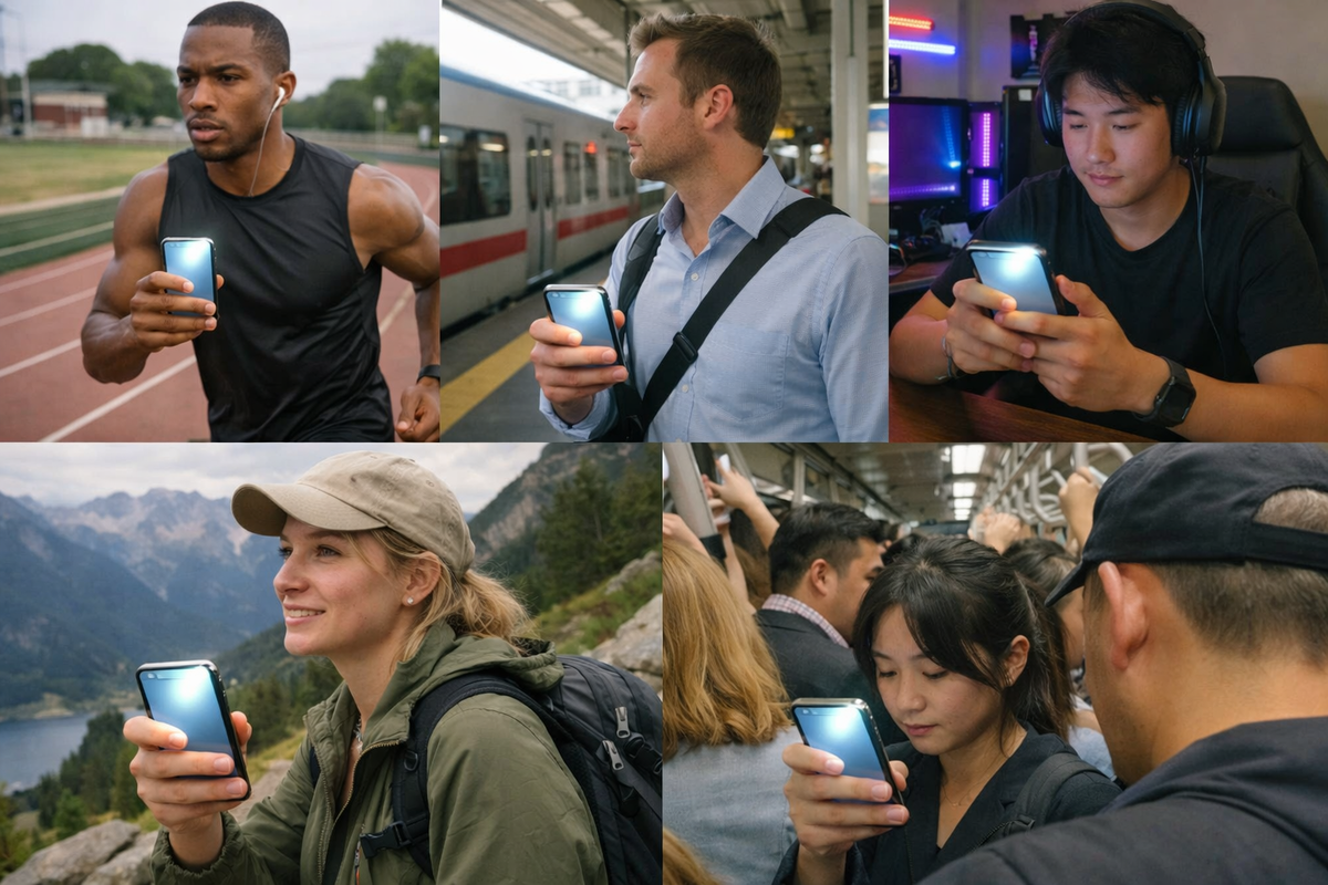 Real people in motion—runner, commuter, gamer, traveler, crowded train user—all gripping glowing smartphones with fierce focus, emotional dependence, everyday survival powered by flawless screen protection