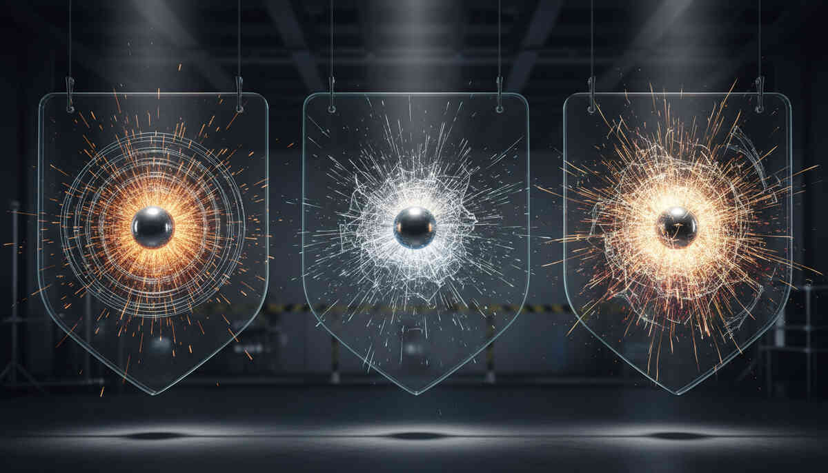 Steel impact frozen mid-explosion against transparent glass shields—sparks erupt, shockwaves ripple, brutal durability test in progress—extreme resilience, truth revealed under violent pressure
