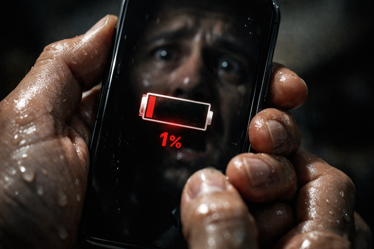 Terrified reflection frozen behind a dying smartphone at 1%—raw panic, survival instinct, isolation, and helpless urgency as power vanishes in a critical moment