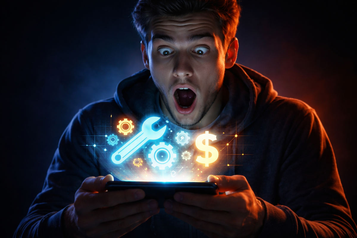 Shock and disbelief exploding across a face as hidden repair costs and system alerts erupt from a glowing phone—sudden realization, vulnerability, and financial anxiety colliding