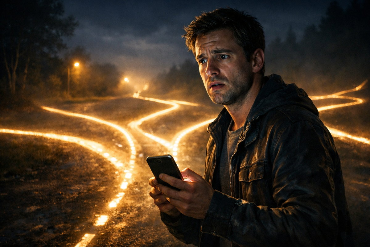 Alone at a glowing crossroads in the dark, clutching a fading smartphone—fear, uncertainty, and irreversible decision pressure in a moment of technological vulnerability