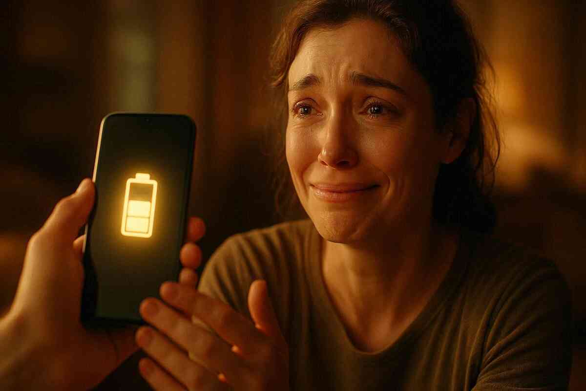 Tears of relief as a restored battery icon glows warm in trembling hands—emotional recovery, safety regained, and fragile digital life brought back from the brink
