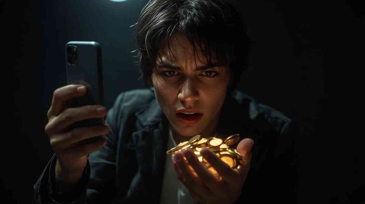 Intense fixation on glowing coins and a smartphone—desperation, financial survival instinct, and emotional tension of choosing between costly repair and economic self-preservation