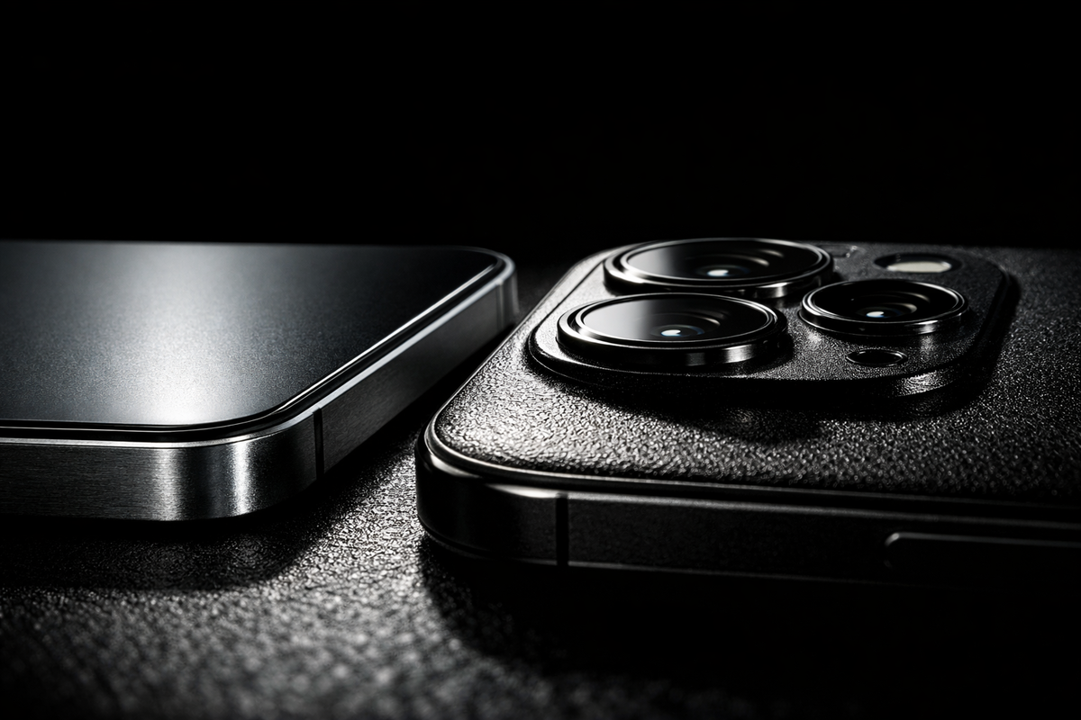 Extreme close-up exposing brutal design truth—flat perfection versus raised camera imperfection, cold premium precision revealed under harsh light