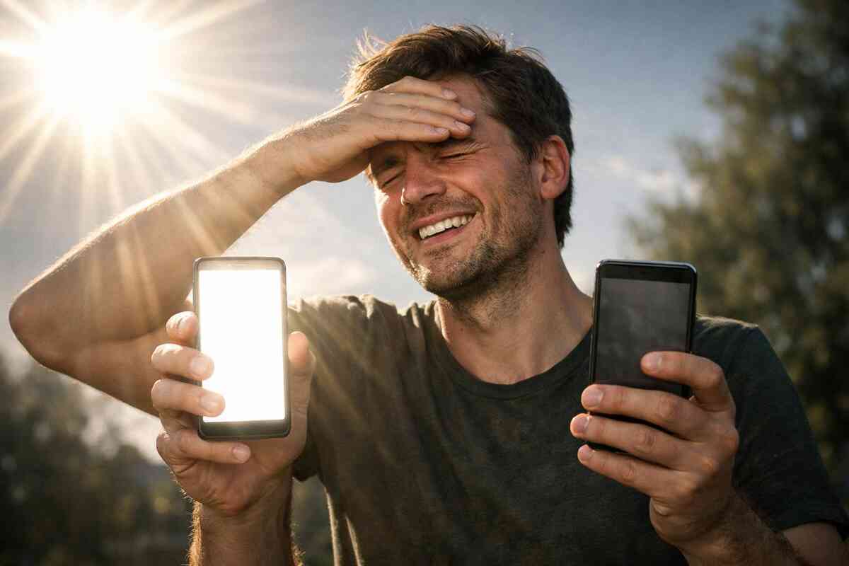 Blinding sunlight torture test—one smartphone shines with unstoppable brilliance while the other collapses into useless darkness, pure survival contrast