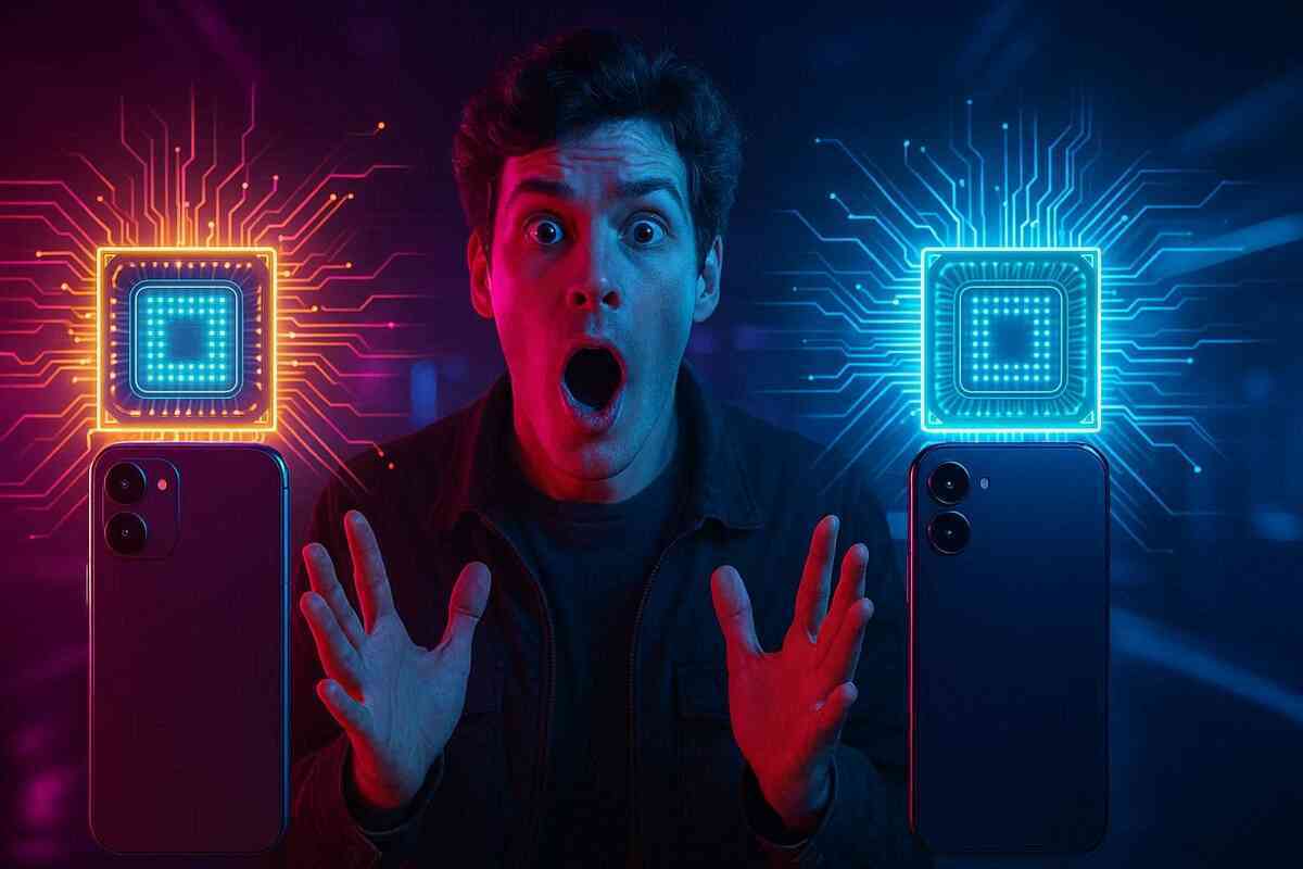 Shocked face realizing hidden processor truth—identical internal power destroys expectations, emotional disbelief and technological revelation explode