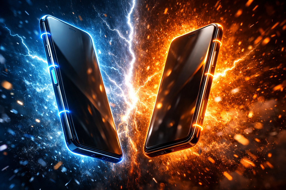 Two powerful smartphones colliding in a lightning-split battlefield—explosive blue vs orange energy, intense rivalry, emotional decision pressure, shocking clarity before buying, cinematic upgrade tension