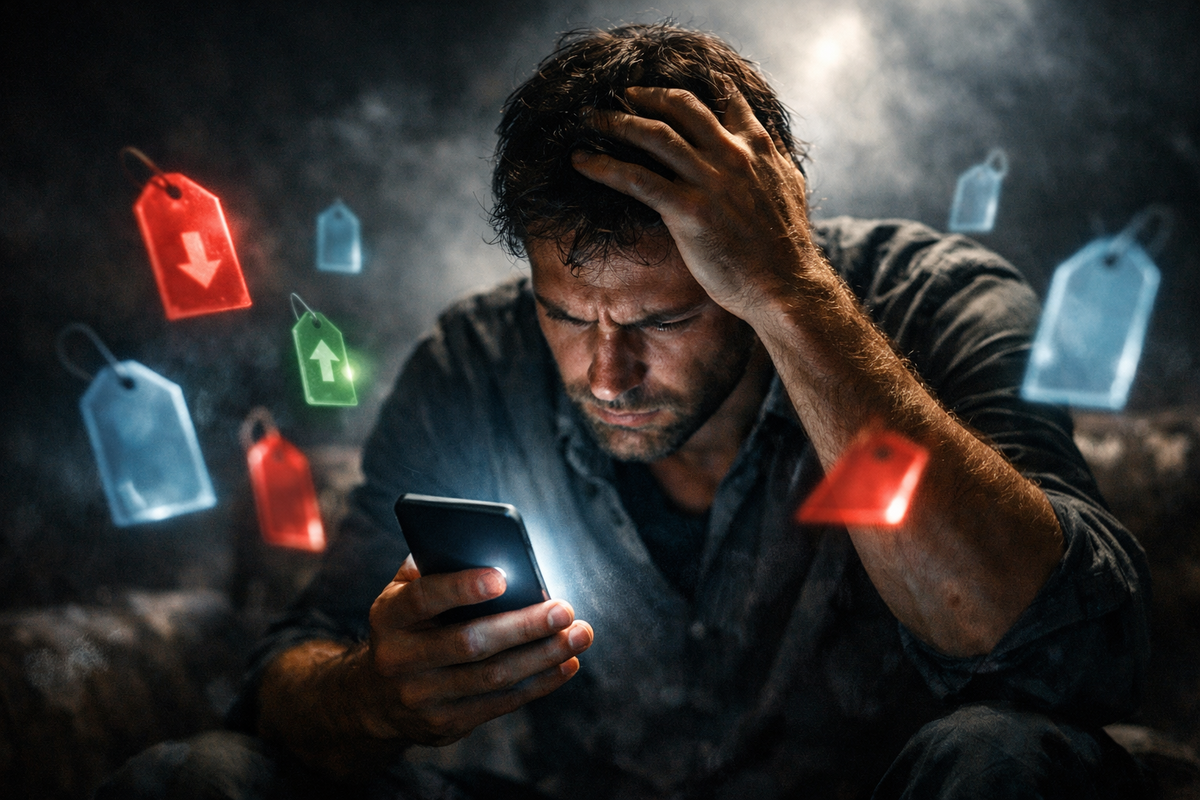 Man gripping his head in raw financial panic while staring at smartphone price alerts—floating red and green tags, emotional overload, urgent buying dilemma, fear of making the wrong expensive choice