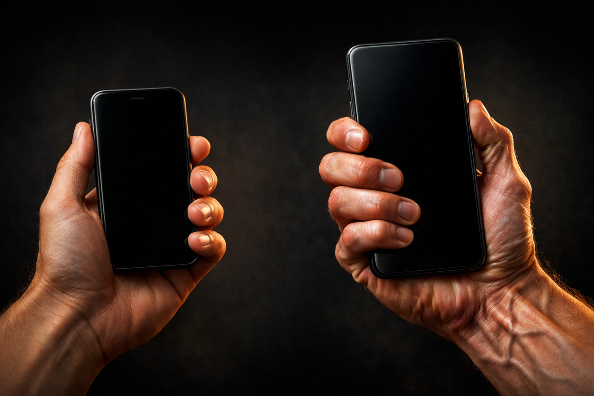 Two hands gripping different-sized smartphones—one relaxed, one visibly strained—brutal real-world size shock, physical tension, emotional realization of comfort vs regret before choosing