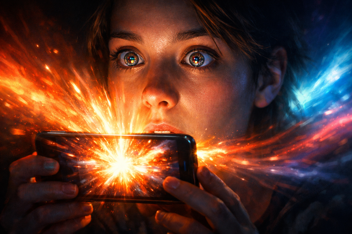 Wide-eyed viewer overwhelmed by explosive light bursting from smartphone display—pure awe, emotional immersion, cinematic visual power, addictive screen brilliance impossible to ignore