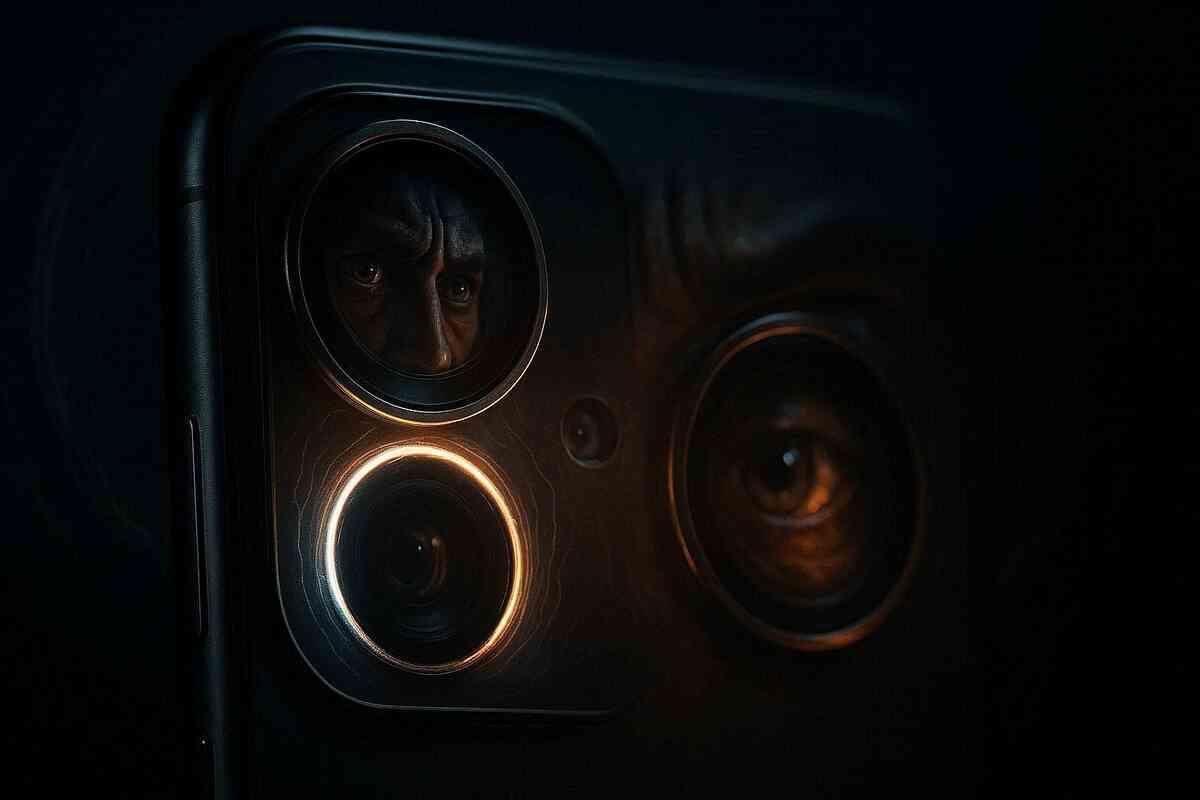 Smartphone camera staring back like a living eye—intense gaze, unsettling realism, emotional tension, terrifying precision, powerful lens revealing hidden truth in every shot