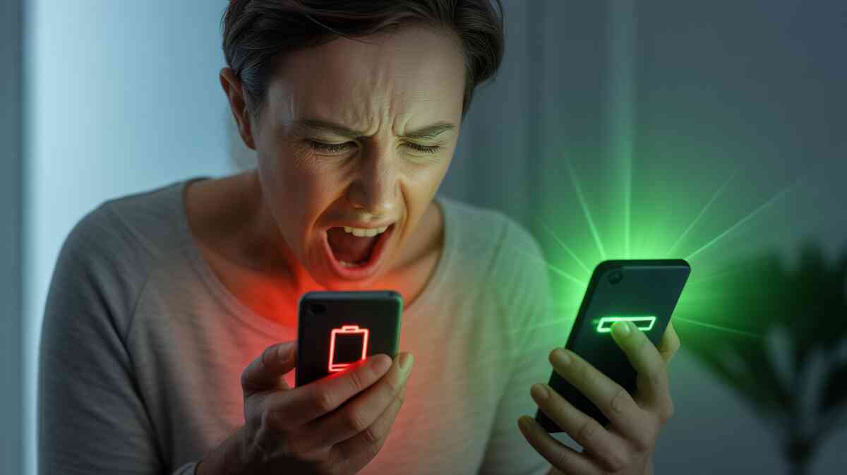 Person trapped between red dying battery panic and green full power relief—emotional survival moment, desperate urgency vs confident freedom, life-changing battery difference revealed