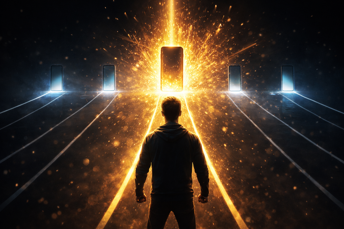 Determined silhouette walking toward one blazing golden smartphone path while other options fade into darkness—destiny-level decision, ultimate winning choice, massive savings breakthrough moment