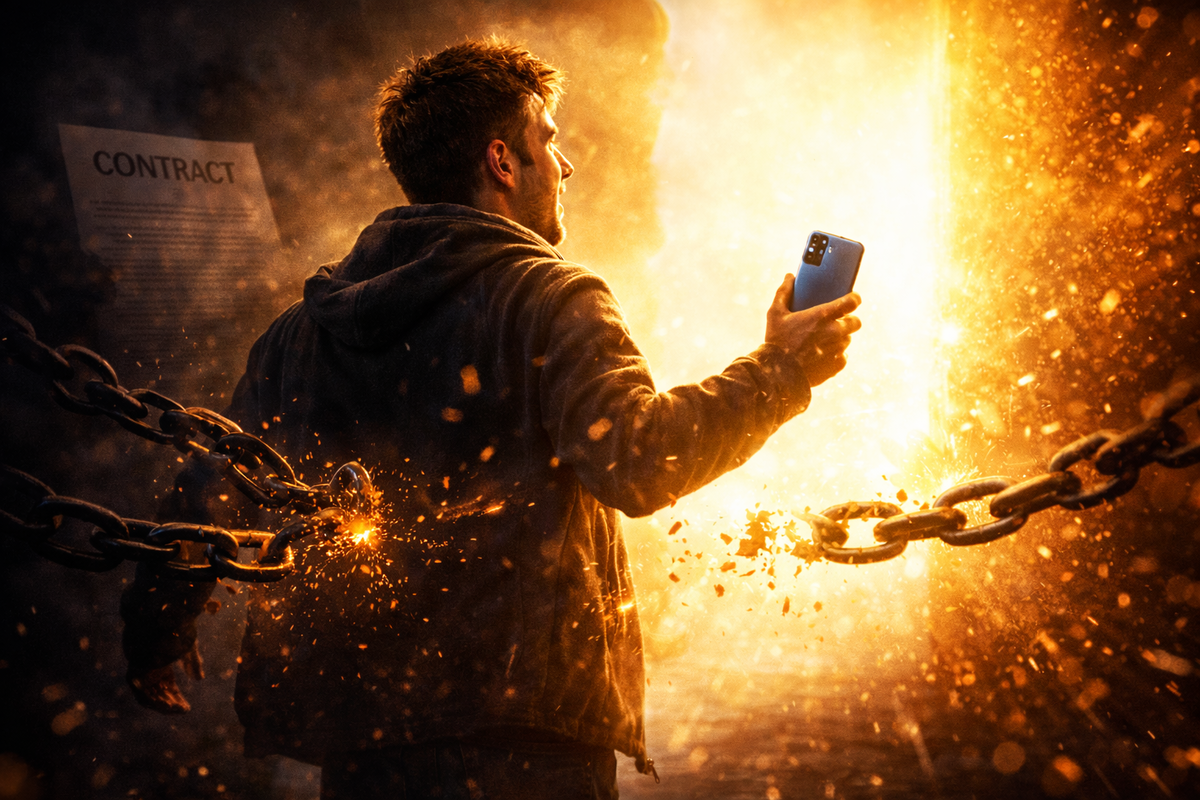 Chains exploding off a smartphone user stepping into blinding golden freedom light—breaking free from expensive contracts, emotional liberation, unstoppable upgrade empowerment