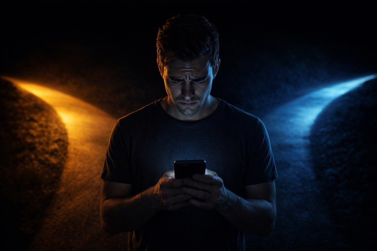 Conflicted buyer staring at smartphone while standing between two glowing paths—warm savings promise versus cold financial trap, intense decision pressure, fear of irreversible mistake