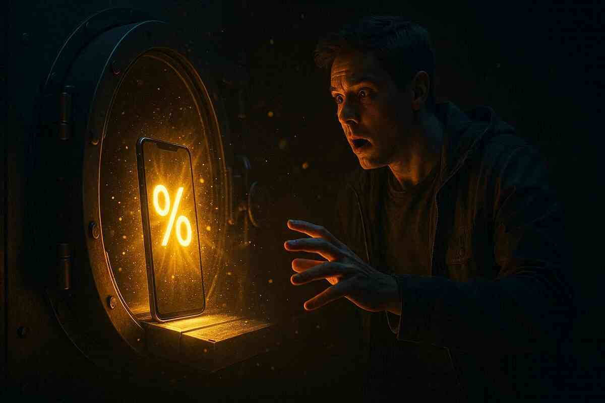 Shocked buyer reaching toward a glowing smartphone locked inside a secret vault revealing a massive percentage discount—rare hidden deal discovered, adrenaline rush, exclusive savings unlocked
