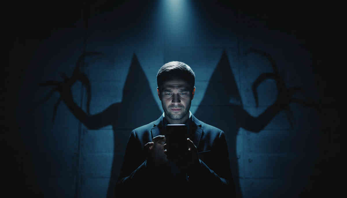 Focused smartphone user under dramatic spotlight while giant shadow hands loom behind—hidden risks, manipulation fear, emotional tension, high-stakes purchase decision moment