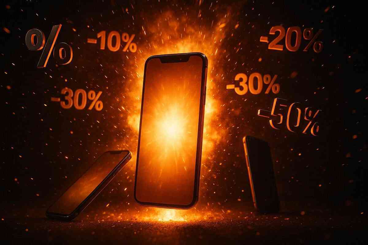 Explosive discount moment as glowing smartphone erupts with floating -10%, -30%, -50% symbols—extreme price crash, insane savings breakthrough, adrenaline-fueled deal discovery, unstoppable bargain energy