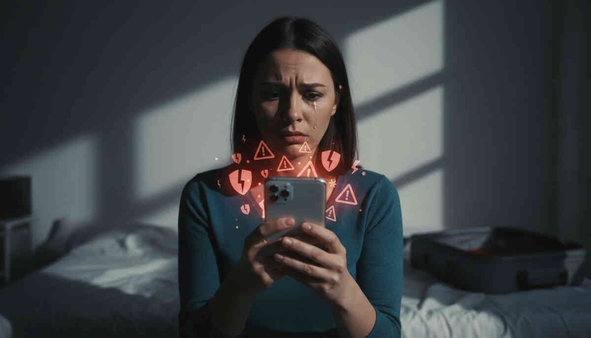 Worried user staring at smartphone surrounded by glowing warning symbols—fear, uncertainty, emotional vulnerability, hidden risks of cheap smartphones revealed in intense dramatic light