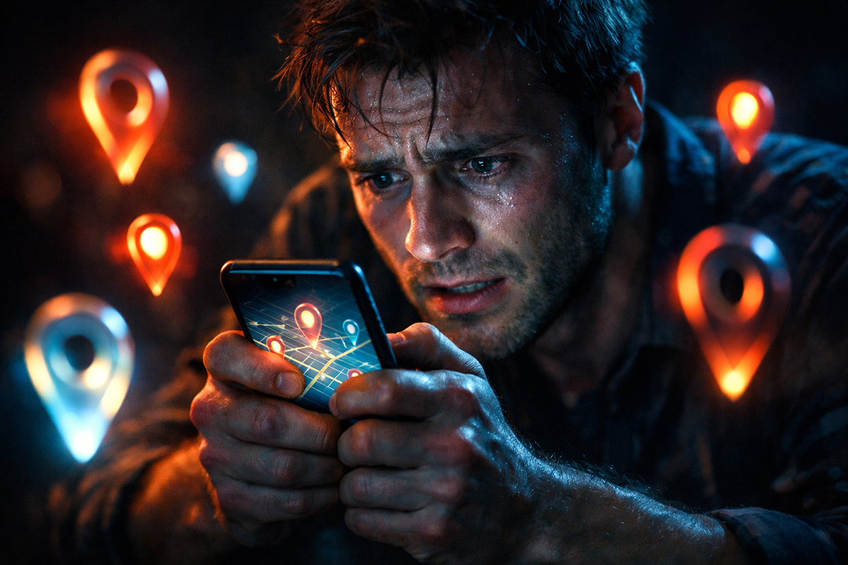 Sweating man desperately searching smartphone map surrounded by glowing location pins—urgent hunt for the nearest phone buyback store, anxiety, time pressure, fear of losing money opportunity