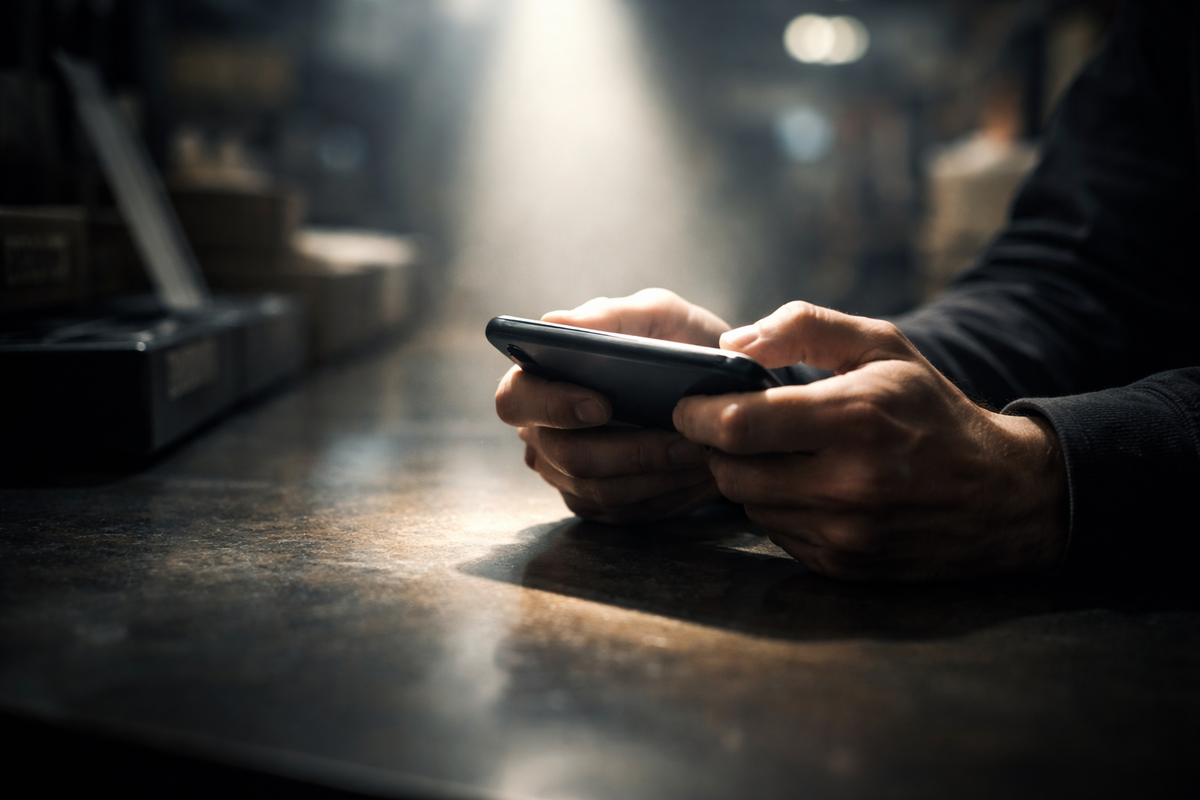 Tense hands gripping smartphone under harsh spotlight at store counter—heart-pounding appraisal moment, uncertainty, silent judgment, emotional suspense before life-changing resale decision
