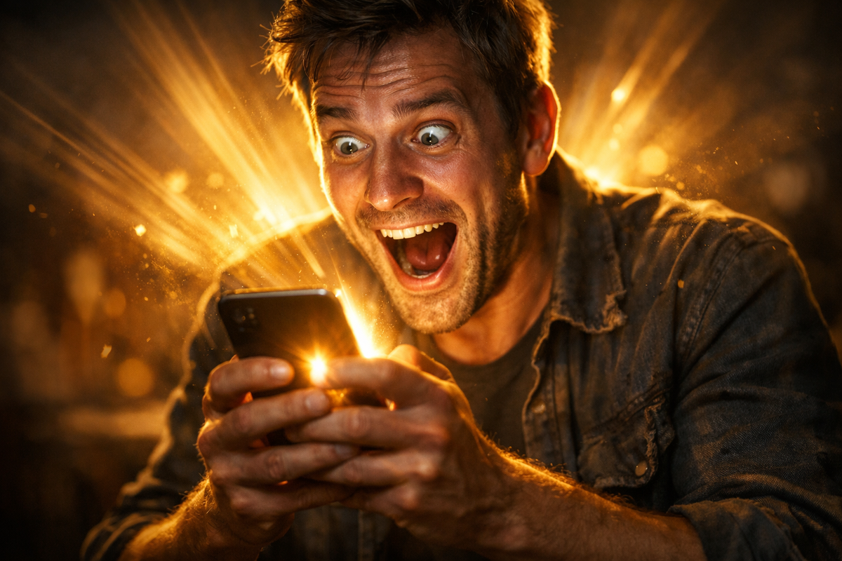 Man exploding with uncontrollable joy as smartphone radiates golden light—unexpected high resale payout breakthrough, disbelief turning into financial victory, emotional jackpot moment