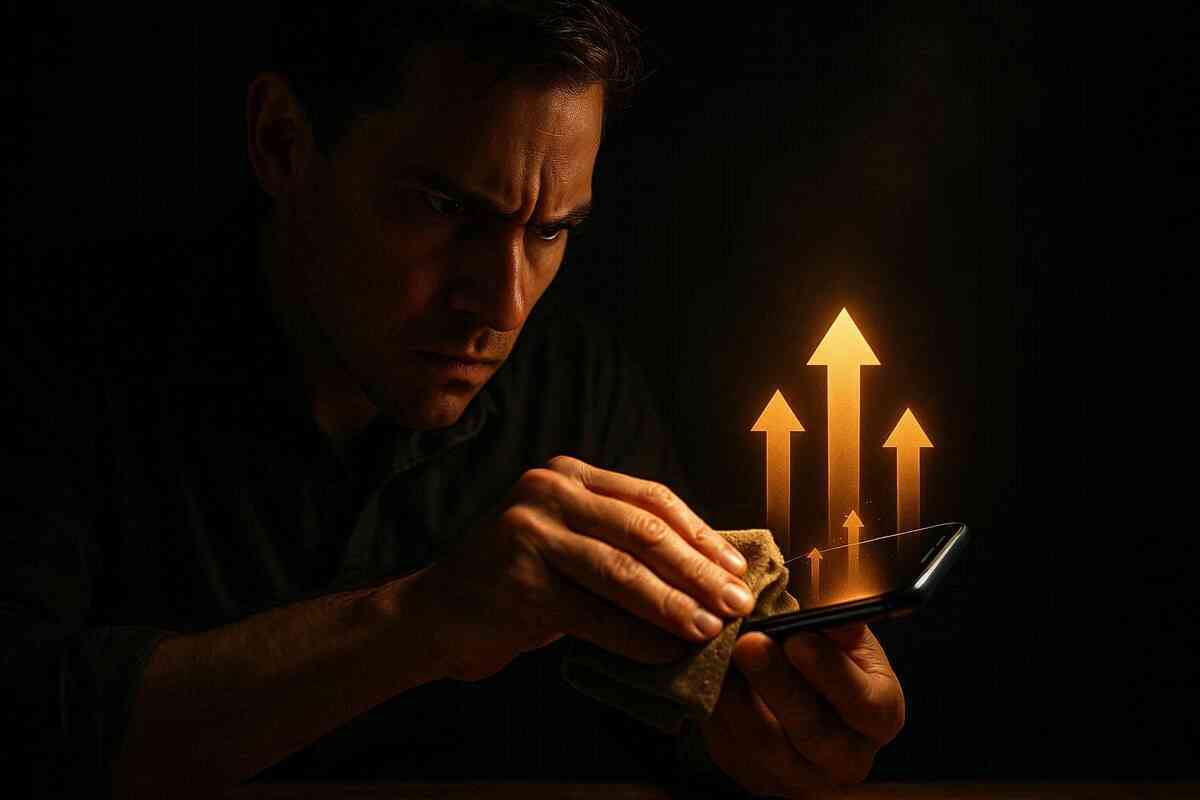 Focused man carefully polishing smartphone as glowing arrows surge upward—strategic preparation unlocking hidden resale value, determination, smart profit move, powerful financial control moment