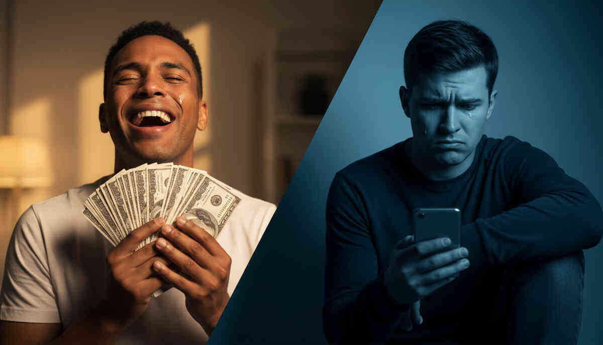 Split emotional reality—one man overwhelmed with joy holding cash, another crushed by disappointment staring at phone—brutal contrast of smart vs costly resale decision, emotional financial consequence