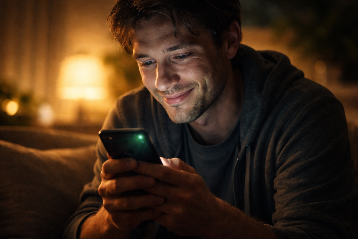 Relieved man smiling at glowing smartphone payout notification in warm night light—deep emotional release, quiet financial victory, and life-changing resale confirmation moment
