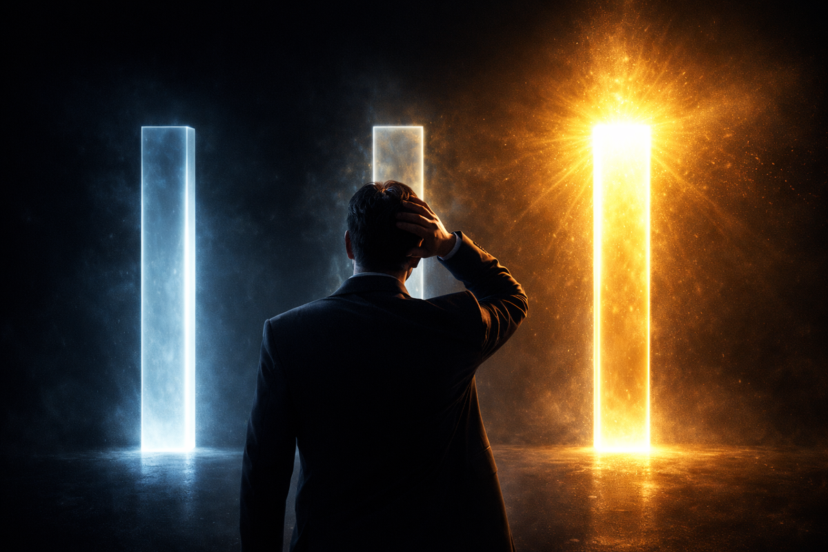Lone decision-maker frozen between cold blue doubt and blazing golden profit portal—high-stakes resale choice, fear of regret, and destiny-defining financial breakthrough
