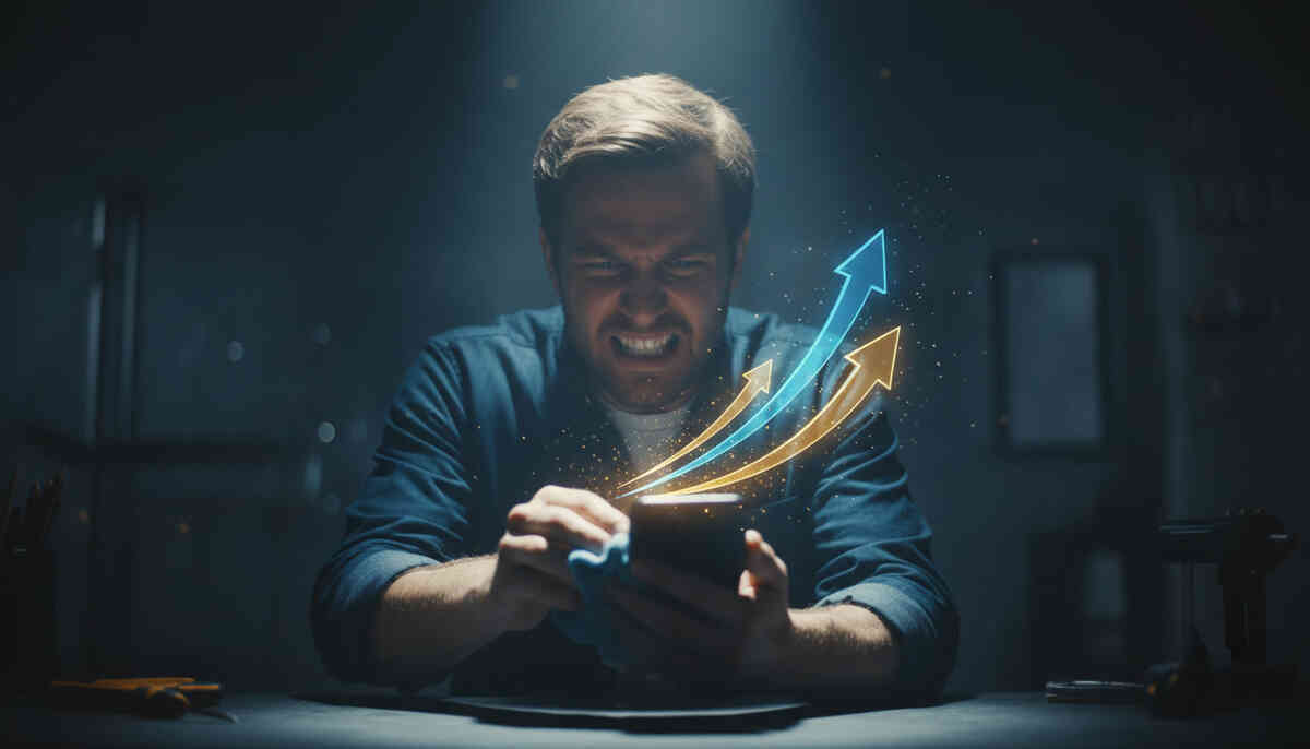 Obsessed seller cleaning smartphone under intense spotlight as glowing value arrows surge upward—raw determination transforming into explosive resale profit potential