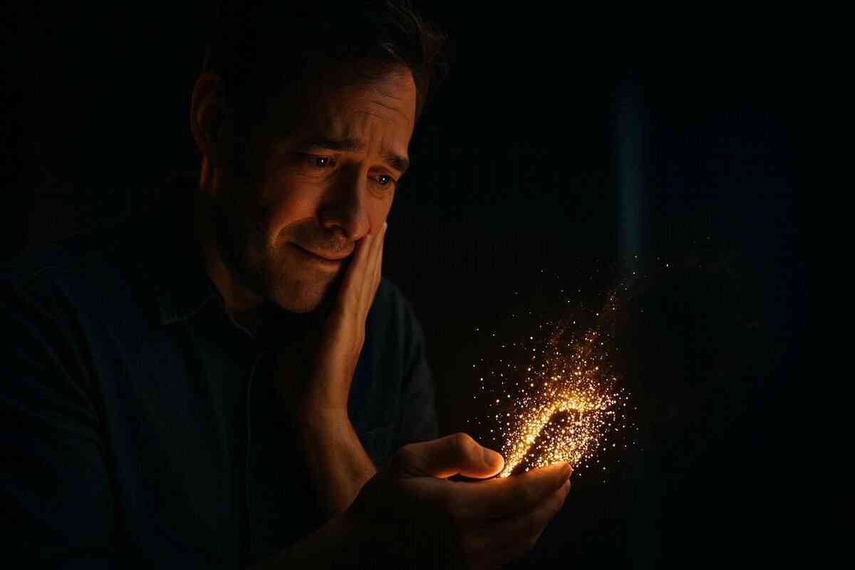 Emotional seller watching golden payout light bloom in trembling hands—relief, redemption, and powerful realization of lost device turning into real money