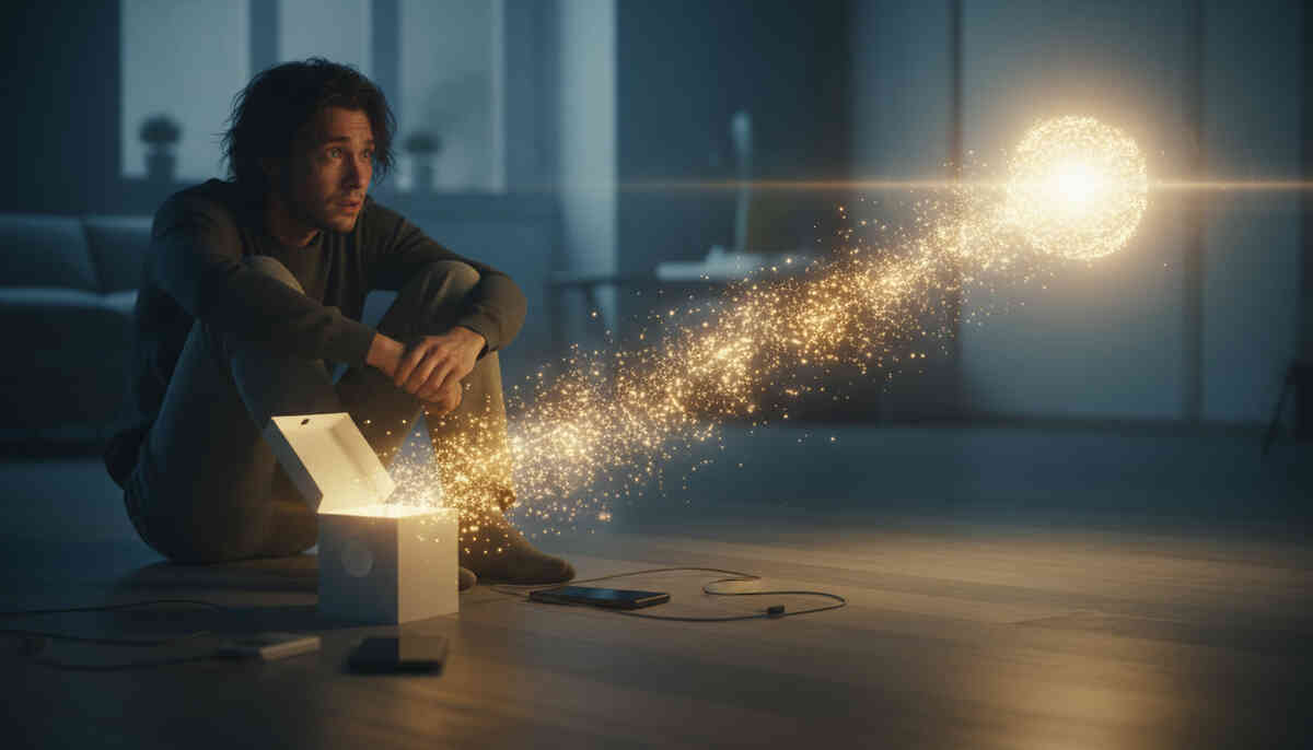Lonely figure watching glowing financial energy rise from smartphone box into the unknown—hope, sacrifice, and emotional transition from possession to powerful reward