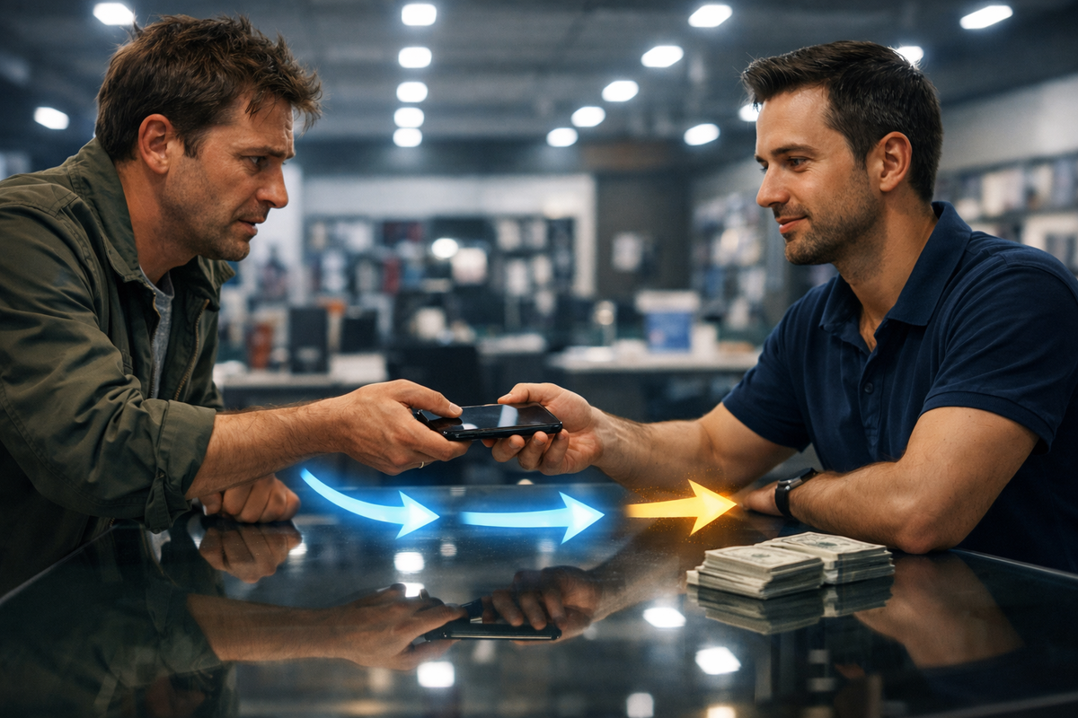 High-stakes phone trade-in moment—tense customer handing over smartphone across glossy counter as cash waits nearby, raw uncertainty, anticipation, and irreversible financial decision captured in cinematic realism