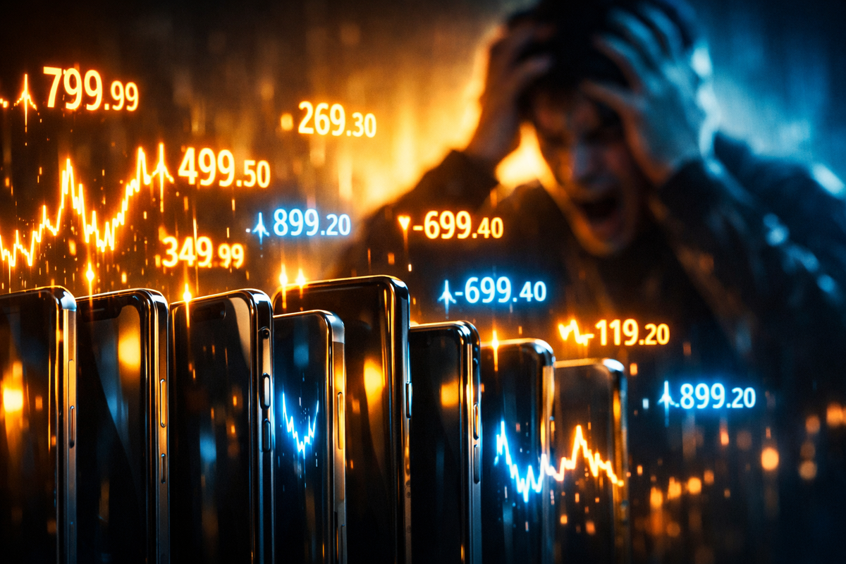 Multiple smartphones glowing with volatile price signals while shocked man clutches his head in panic, brutal resale value swings, fear of massive financial loss, urgent sell-or-wait decision pressure