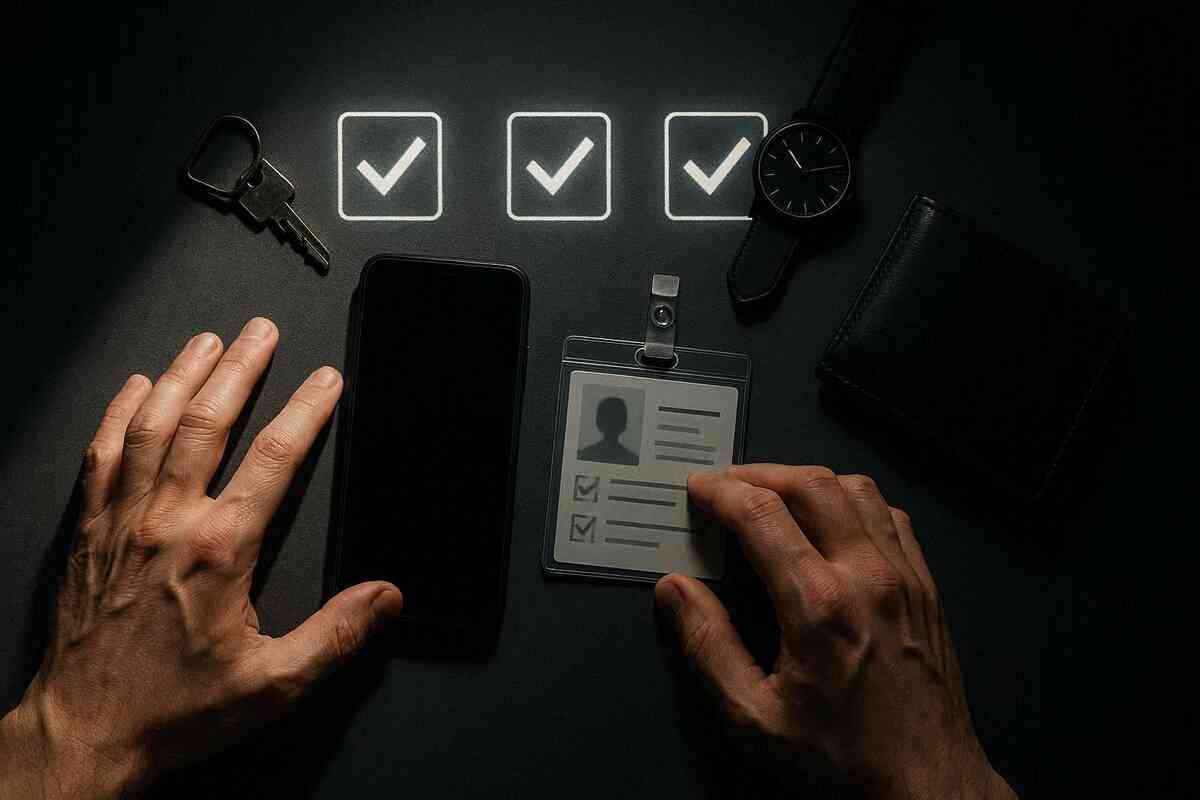 Dark emotional preparation scene—hands hovering over smartphone, ID card, wallet, and essentials with glowing checklist confirmation, tense readiness before decisive trade-in moment that could change everything