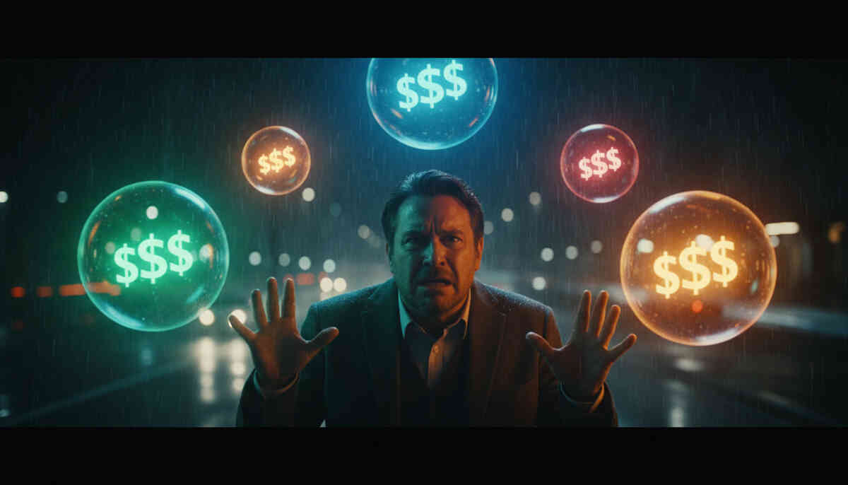 Overwhelmed man surrounded by floating glowing cash offers in rainy night atmosphere, emotional paralysis from too many trade-in choices, fear of choosing wrong and losing thousands, high-stakes financial crossroads
