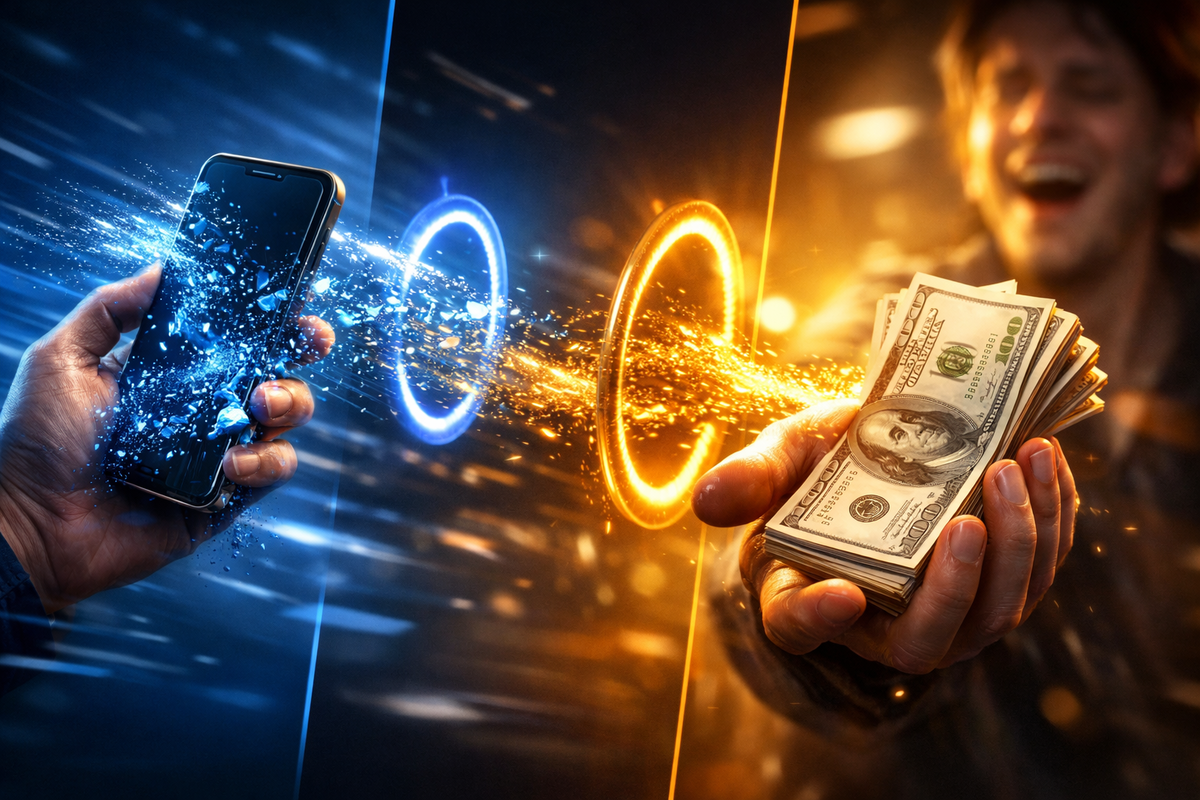 Smartphone exploding into streams of energy transforming into real cash in trembling hands—powerful money conversion moment, adrenaline surge, life-changing instant liquidity, electrifying breakthrough energy, emotional financial liberation